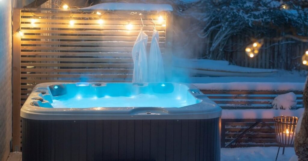 Szwedzkie jacuzzi ogrodowe podświetlane zimowym wieczorem
